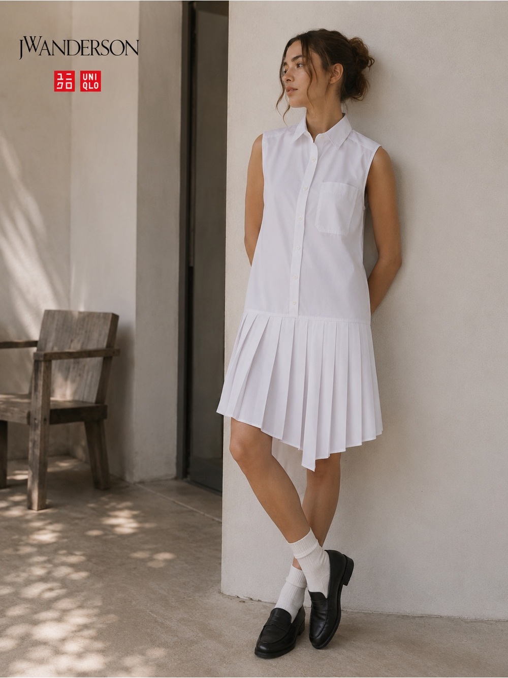 NWT JW ANDERSON UNIQLO Shirt Dress White Asymmetrical Pleat Skirt‎ Sleeveless XS